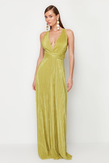 Oil Green Pleated Belt Detailed Knitted Long Night Evening Dress Tprss24ae00020