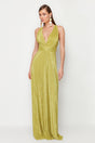 Oil Green Pleated Belt Detailed Knitted Long Night Evening Dress Tprss24ae00020