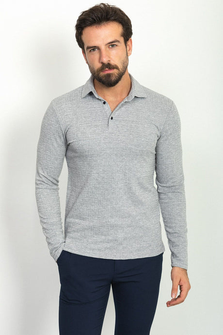 Patterned Gray Color Slim Fit Polo Neck Long Sleeve Men's T-shirt 36758.22k