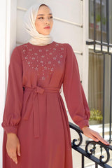 Stone Embroidered Belted Dress Brown Hm2220