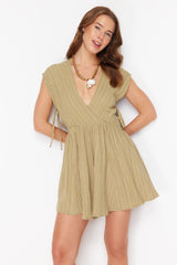 Khaki Mini Woven Cut Out/window Linen Blended Beach Dress Tbess24el00075