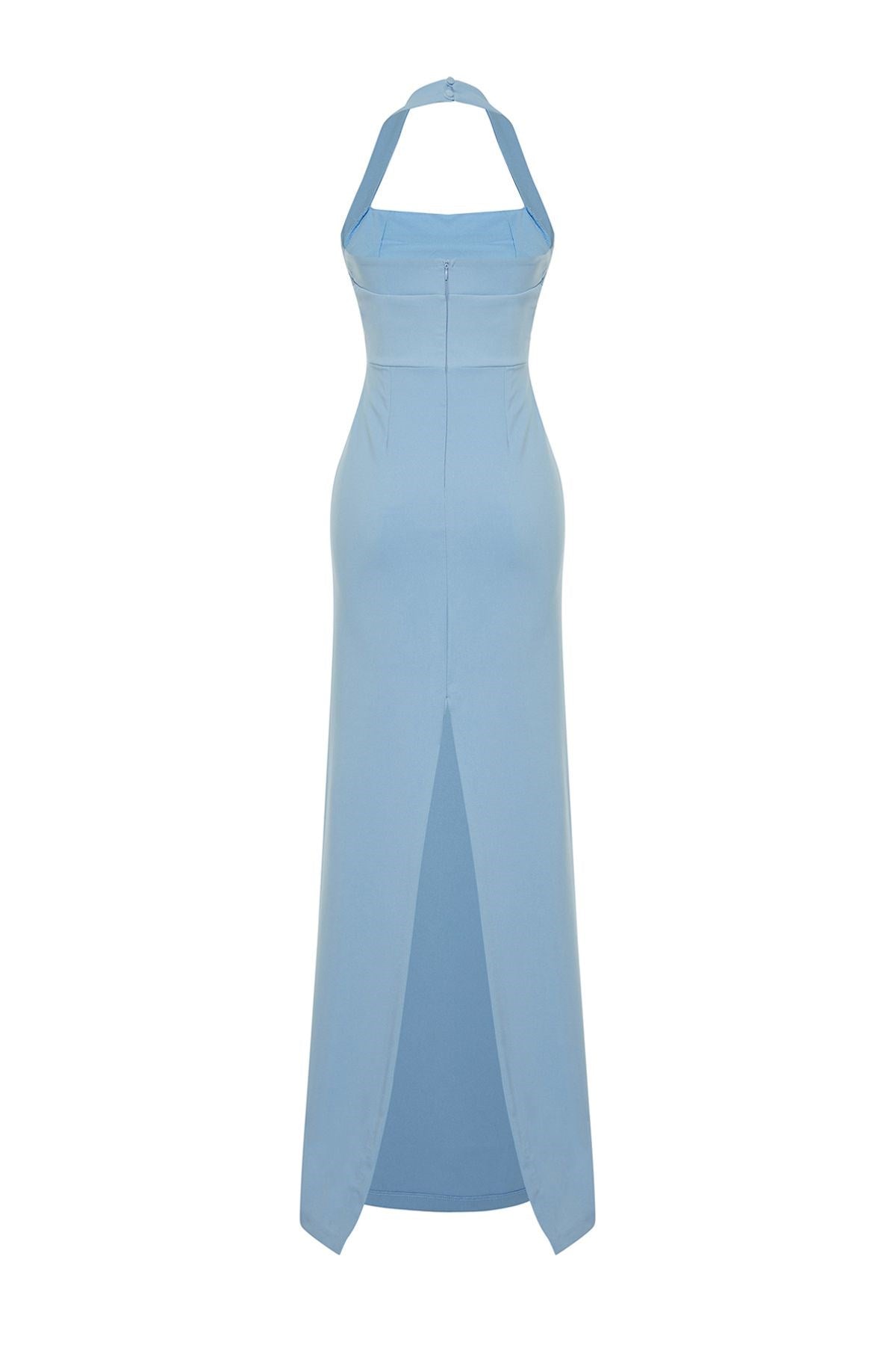 Blue Body Sitting Woven Drawstring Neckline Long Night Evening Dress Tprss24ae00083