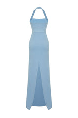 Blue Body Sitting Woven Drawstring Neckline Long Night Evening Dress Tprss24ae00083