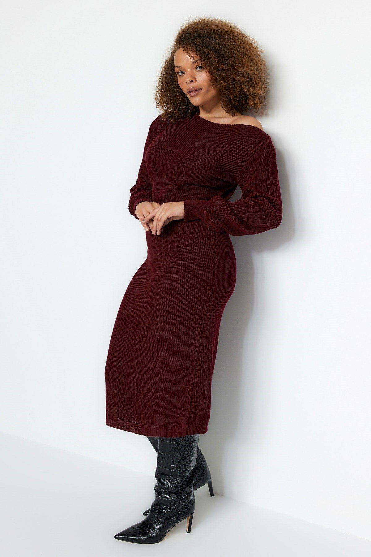 Black Asymmetric Detailed Knitwear Dress Tbbaw24ah00002