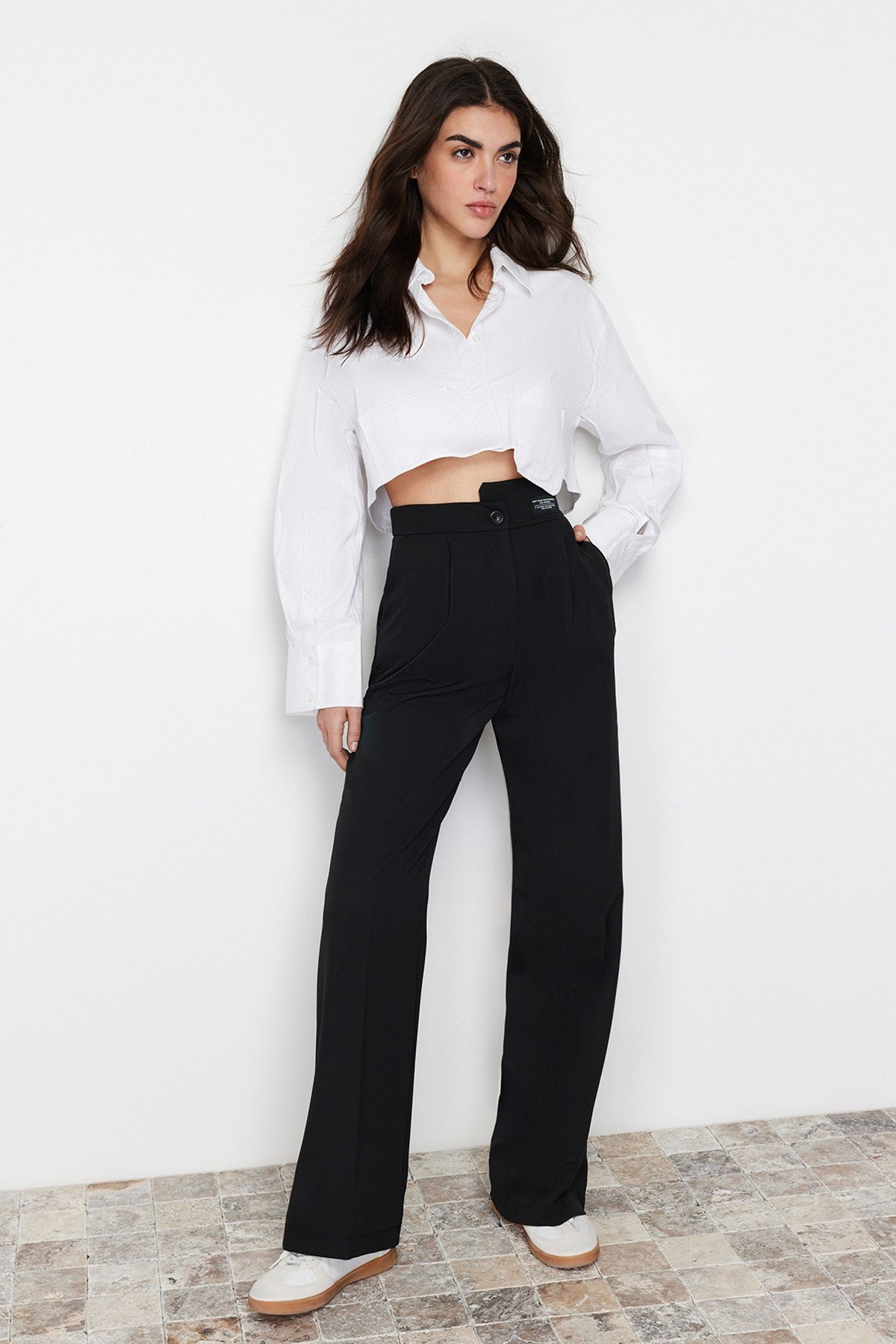 Black Wide Leg/wide Leg Label Detailed Woven Pants Twoss24pl00082