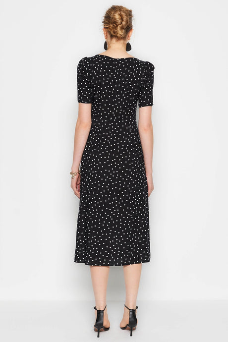 Black Polka Dot Print A-cut Midi Woven Viscose Patterned Dress Twoss23el00487