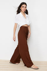 Pleated Detailed Wide Leg/wide Leg Dark Brown Textured Fabric Woven Pants Twoss24pl00057