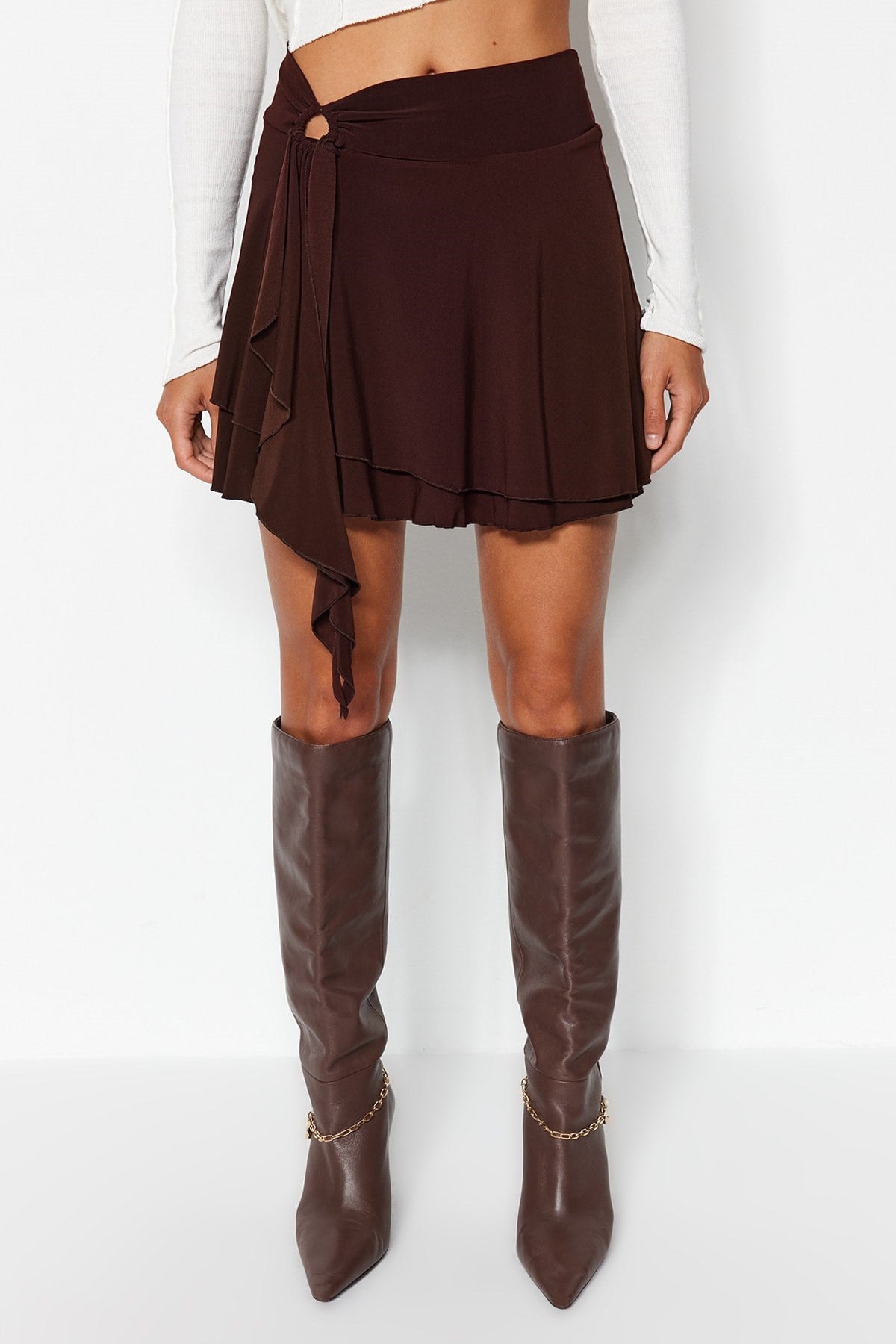 Brown Ruffle Detail Ruffled Mini Knit Skirt Twoaw24et00214