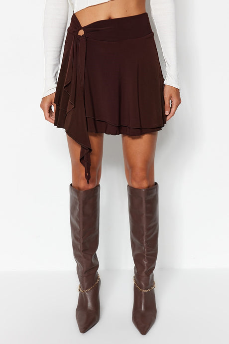 Brown Ruffle Detail Ruffled Mini Knit Skirt Twoaw24et00214