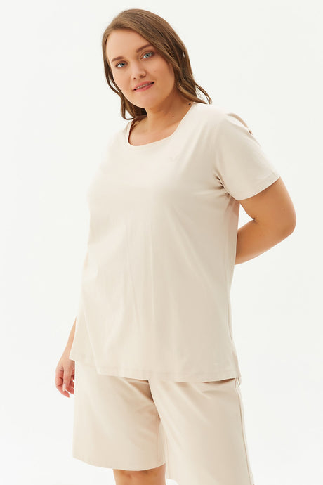 Women's Cream Plus Size 100% Cotton Crew Neck Back Long Basic Short Sleeve Sports Casual T-shirt 010