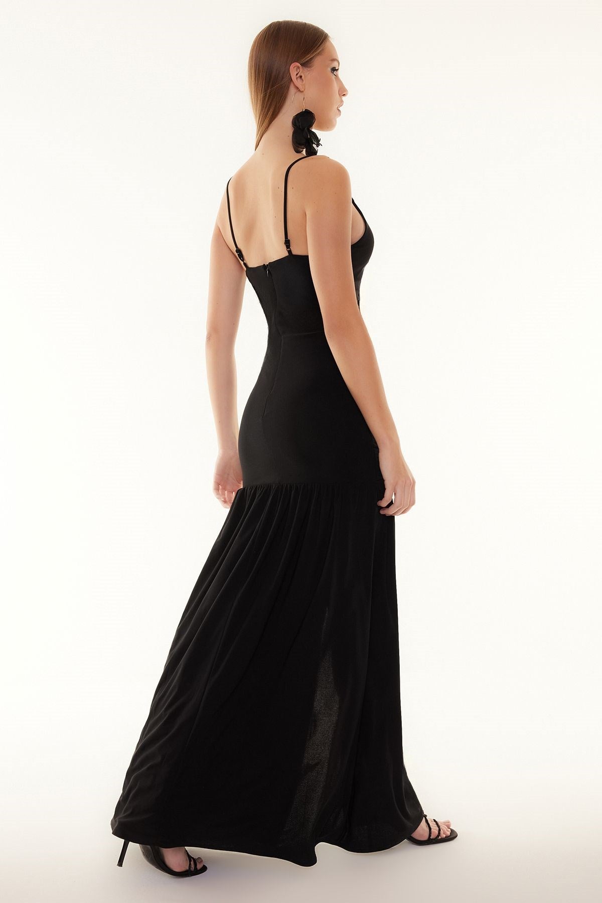 Black Body Sitting Ruffle Long Night Evening Dress Tprss24ae00015