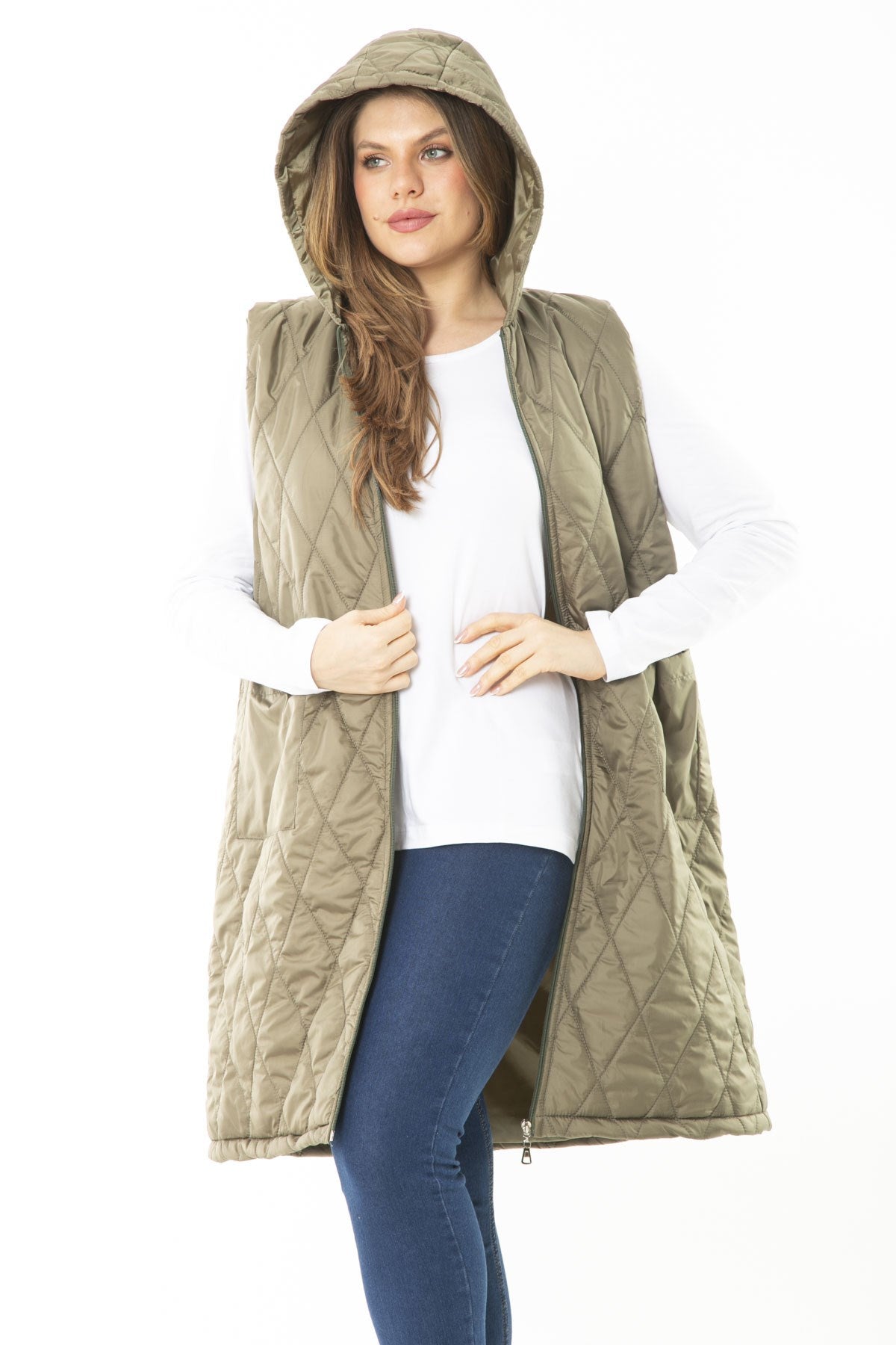 Women's Plus Size Khaki Front Dermal Hooded Quilted Lined Long Coat 65n37107