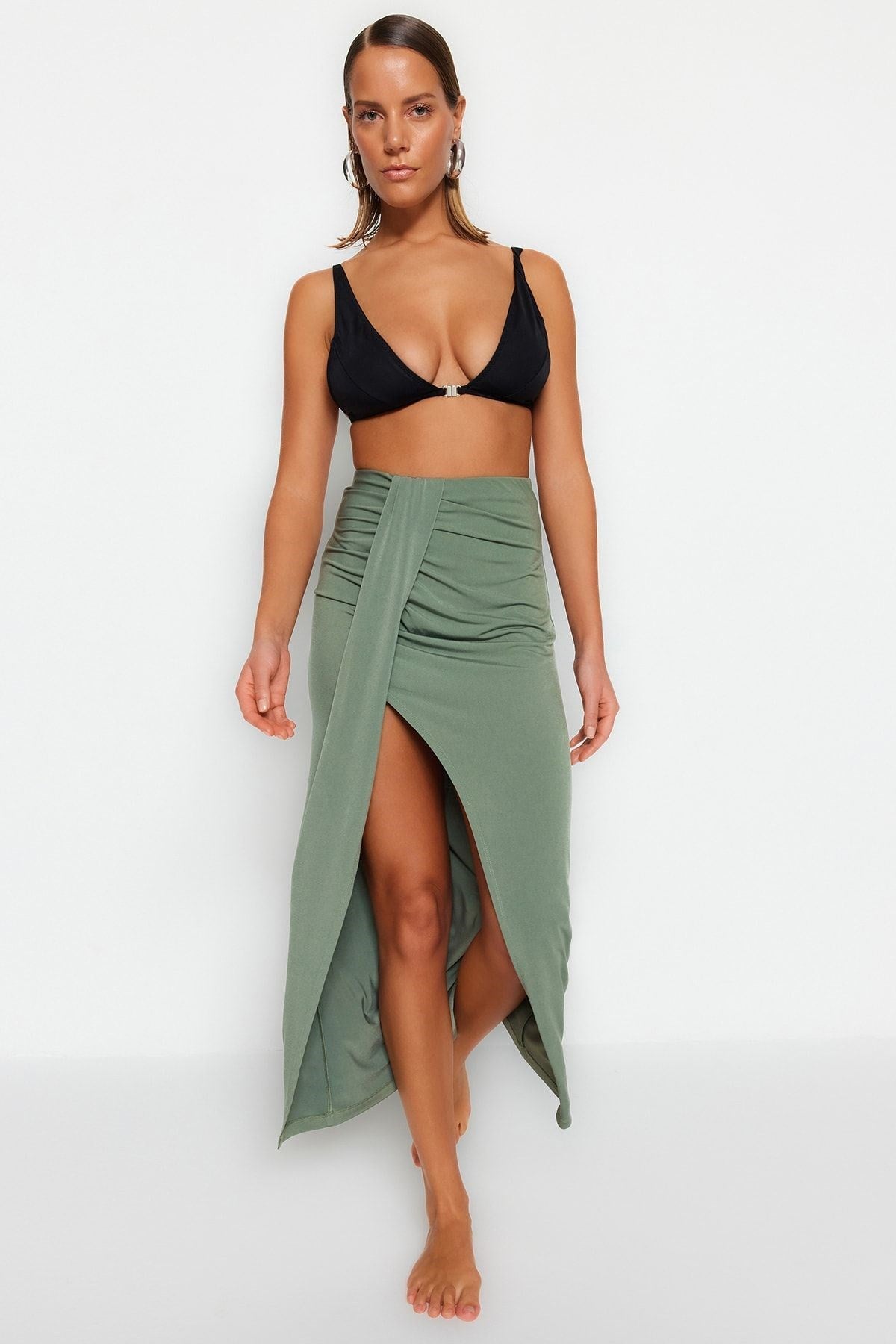 Khaki Body-fitting Maxi Woven Slit Skirt Tbess23et00021