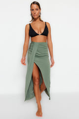 Khaki Body-fitting Maxi Woven Slit Skirt Tbess23et00021