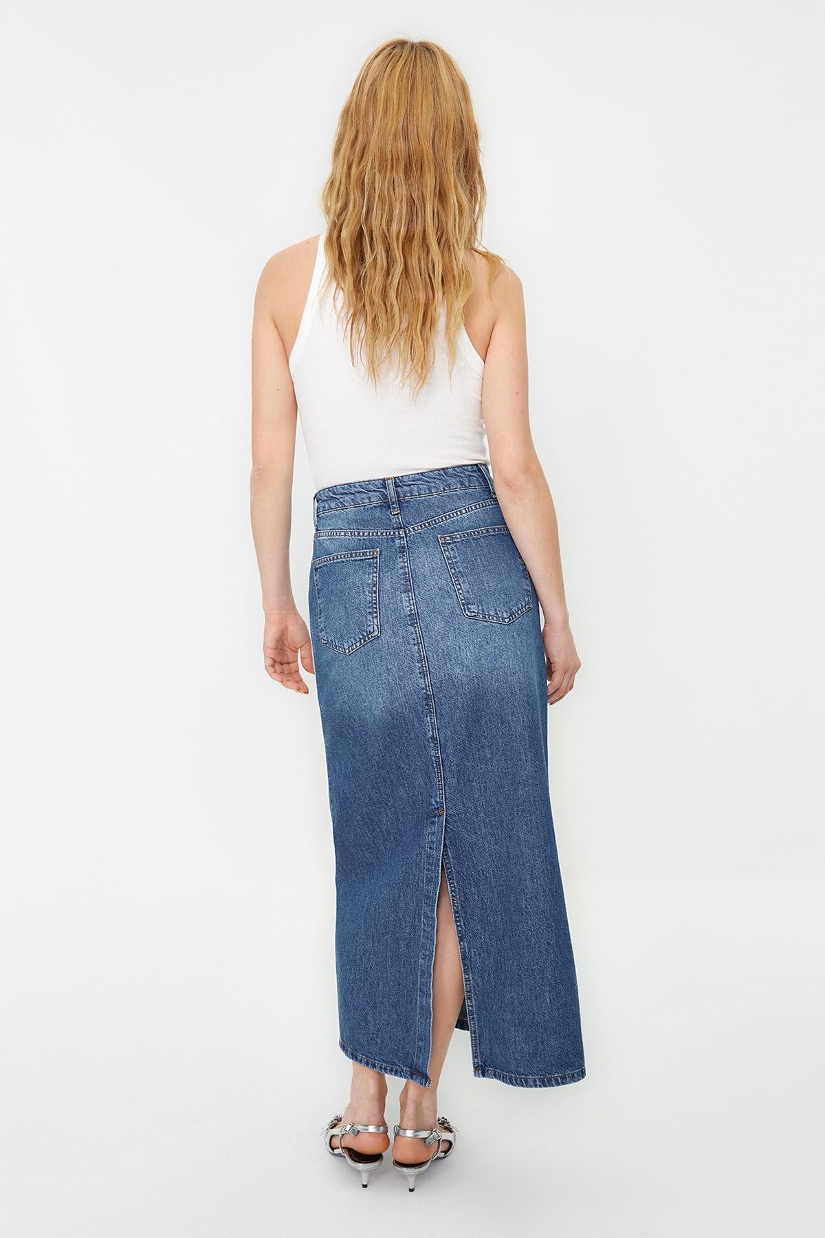 Blue Stitching Detailed High Waist Maxi Denim Skirt Twoss24et00009