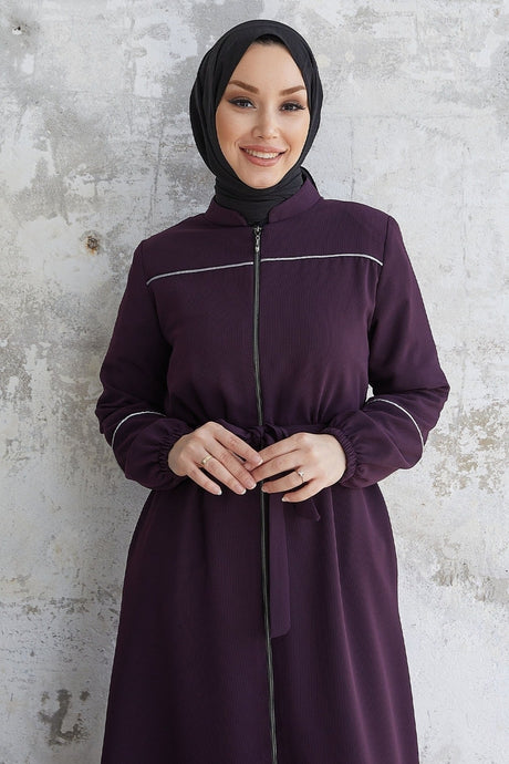 Milena Biye Detail Belted Abaya - Plum Ms00tz7035