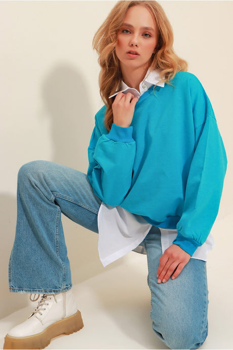 Women's Stone Crew Neck Oversize Basic Sweatshirt Alc-669-001