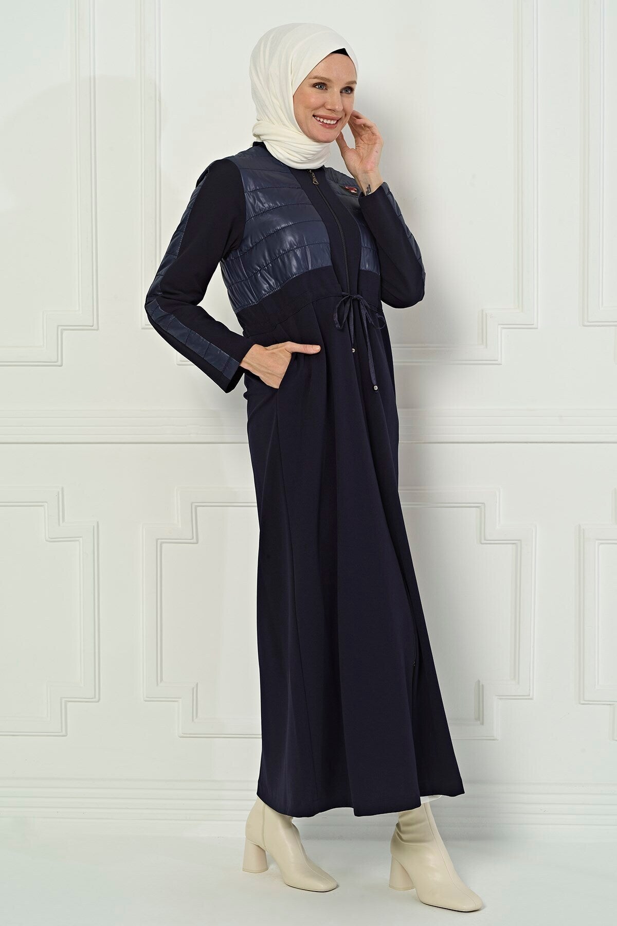 Göktürk Quilted Detailed Navy Blue Hijab Coat 3420 T21kb3m3420