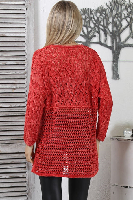 Lemon Mold V Neck Long Sleeve Tie Wash Openwork Jacquard Knitwear Long Fit Blouse M10010200bl92607