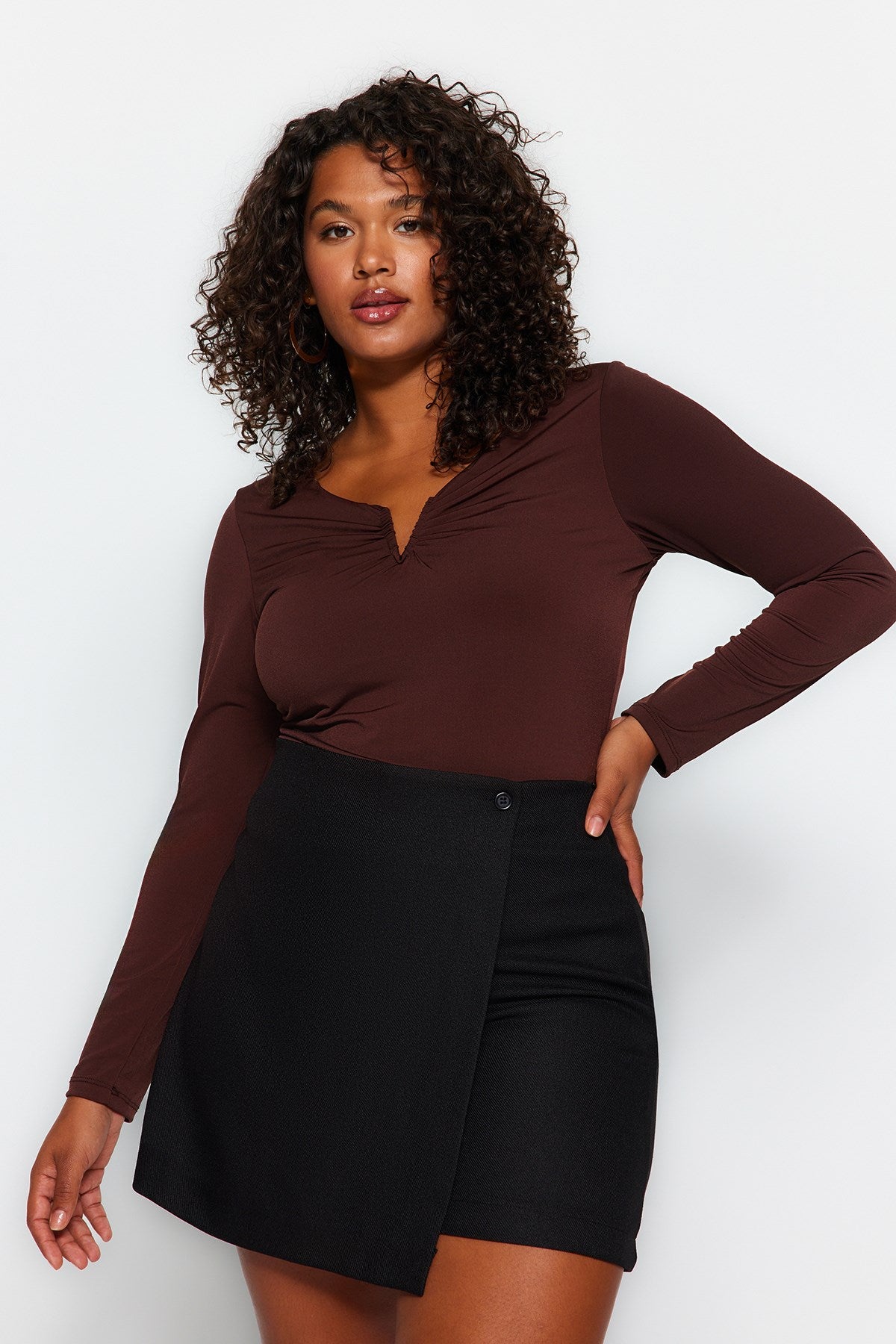 Black V Neck Plain Basic Sandy Knitted Plus Size Blouse Tbbaw24af00030