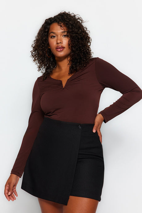 Black V Neck Plain Basic Sandy Knitted Plus Size Blouse Tbbaw24af00030