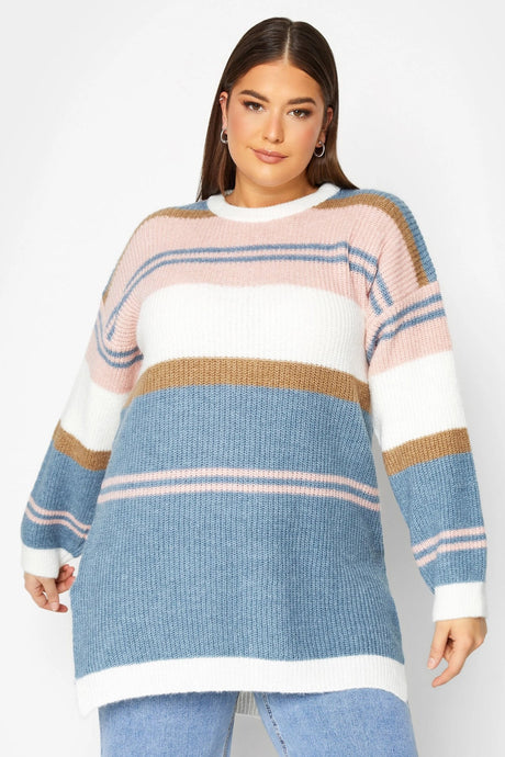 Plus Size Striped Round Neck Slit Detailed Knitwear Sweater 301831