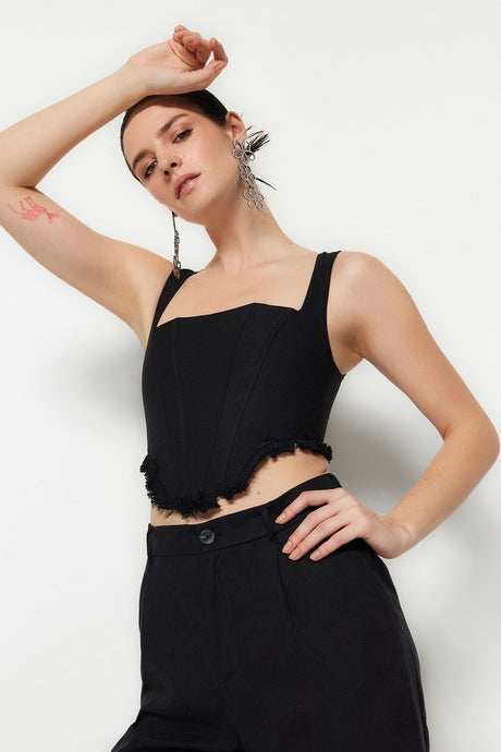 Black Crop Lined Woven Accessory Bustier Tprss21bs0039