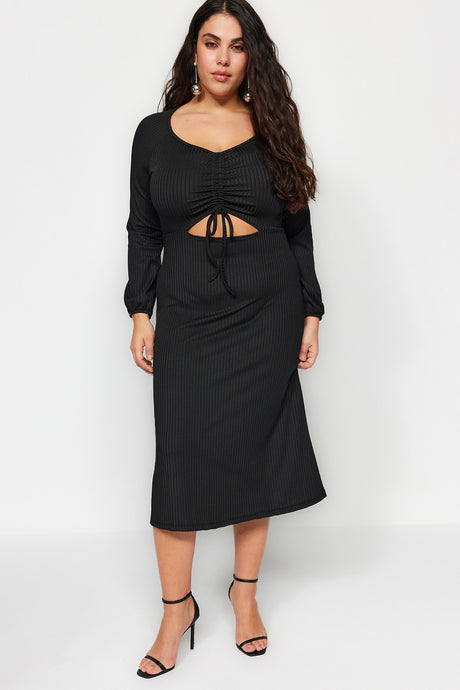 Black Window/cut Out Detailed Ruffle Knit Dress Tbbaw23ah00080