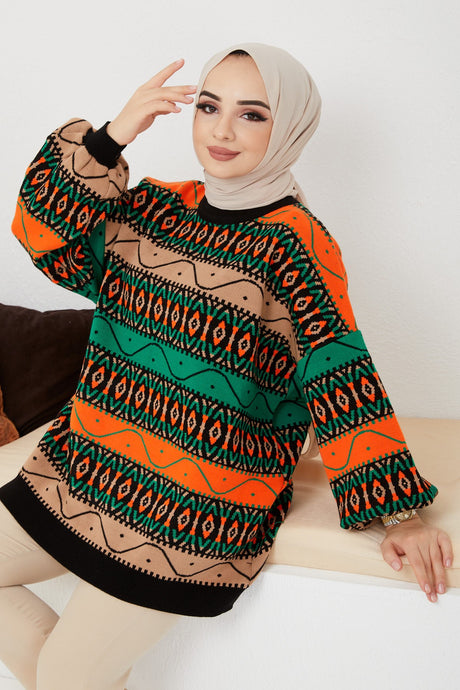 Modest Hijab Knitwear Tunic Patterned Silky Winter Stylish Balloon Sleeve Style Sweater Tunic B103