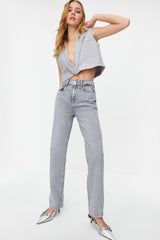 Gray High Waist Long Straight Jeans Twoss24je00025