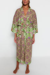 Floral Pattern Belted Maxi Woven 100% Cotton Kimono&kaftan Tbess23km00009