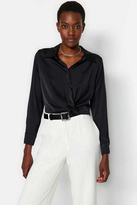 Black Satin Crop Woven Shirt Collar Blouse Twoaw24bz00197