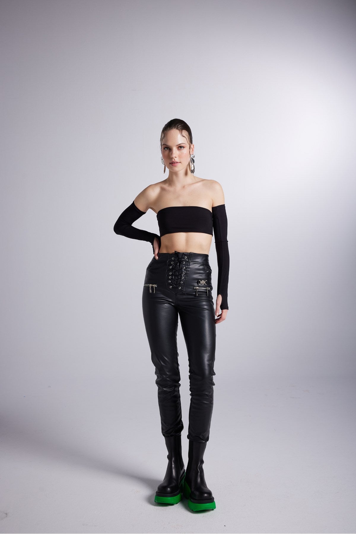 Eyelet Detailed Chunky Vegan Leather Rebel Pants With Zipper Black Hlrebelpants