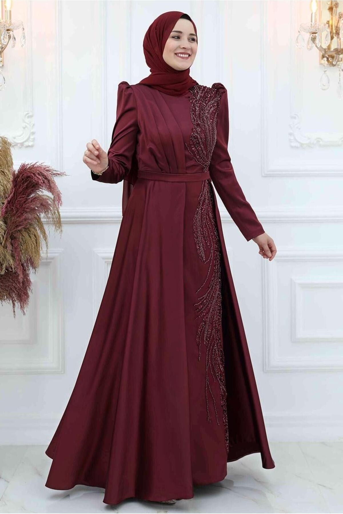 Women's Burgundy Sequin Embroidered Pleated Detailed Evening Dress T 9453 23yabltr9453