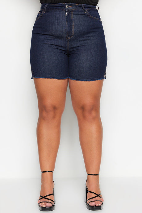 Dark Blue High Waist Flexible Skinny Sides Slit Denim Shorts & Bermuda Tbbss23ap00009