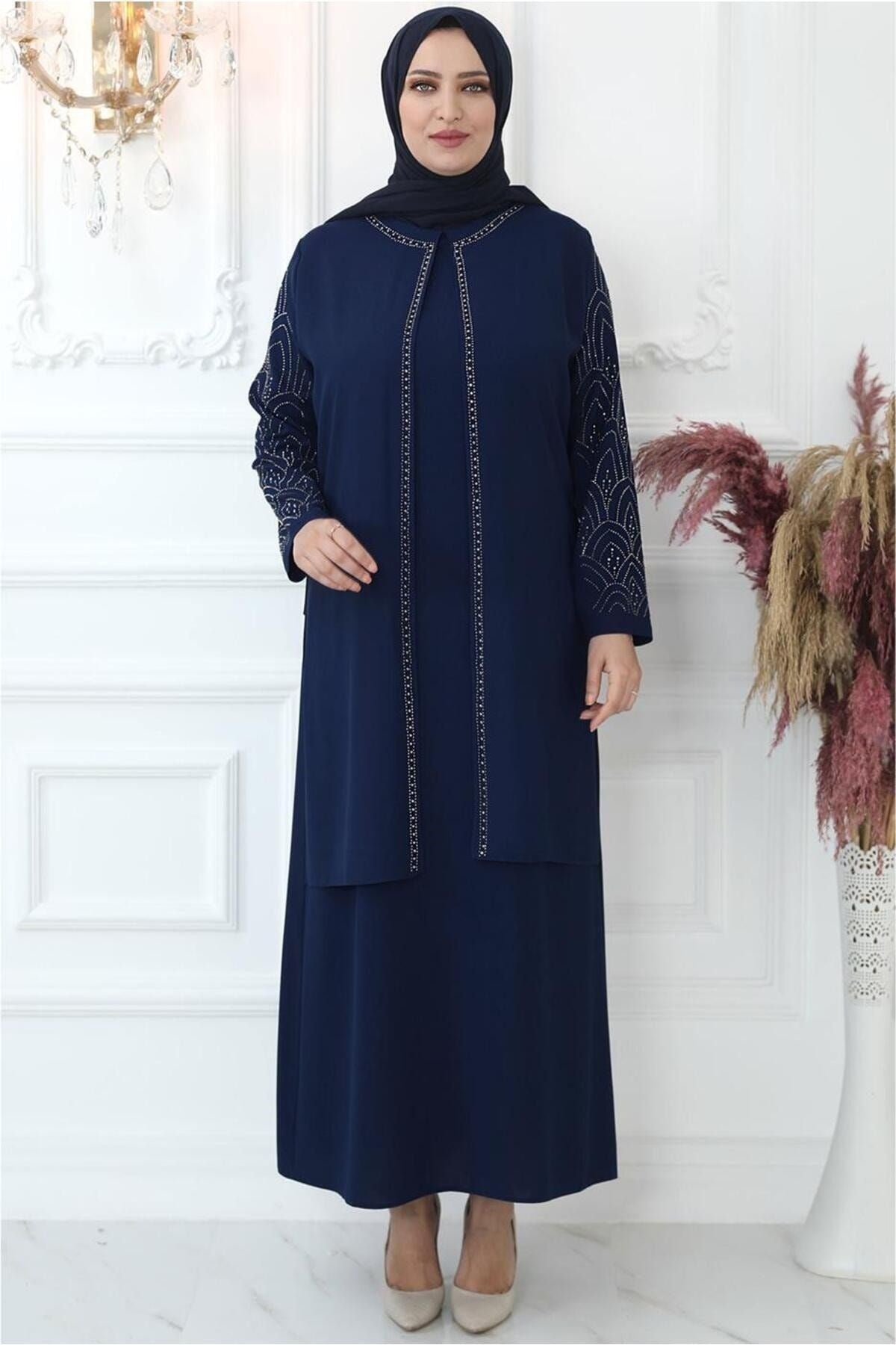 Women's Navy Blue (indigo) Sleeve And Collar Stone Embroidered Evening Dress T 4621 23yabltr4621