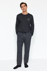 Men's Navy Blue Casual Pattern Checkered Woven Sleepwear Pants Tmnaw24pj00020