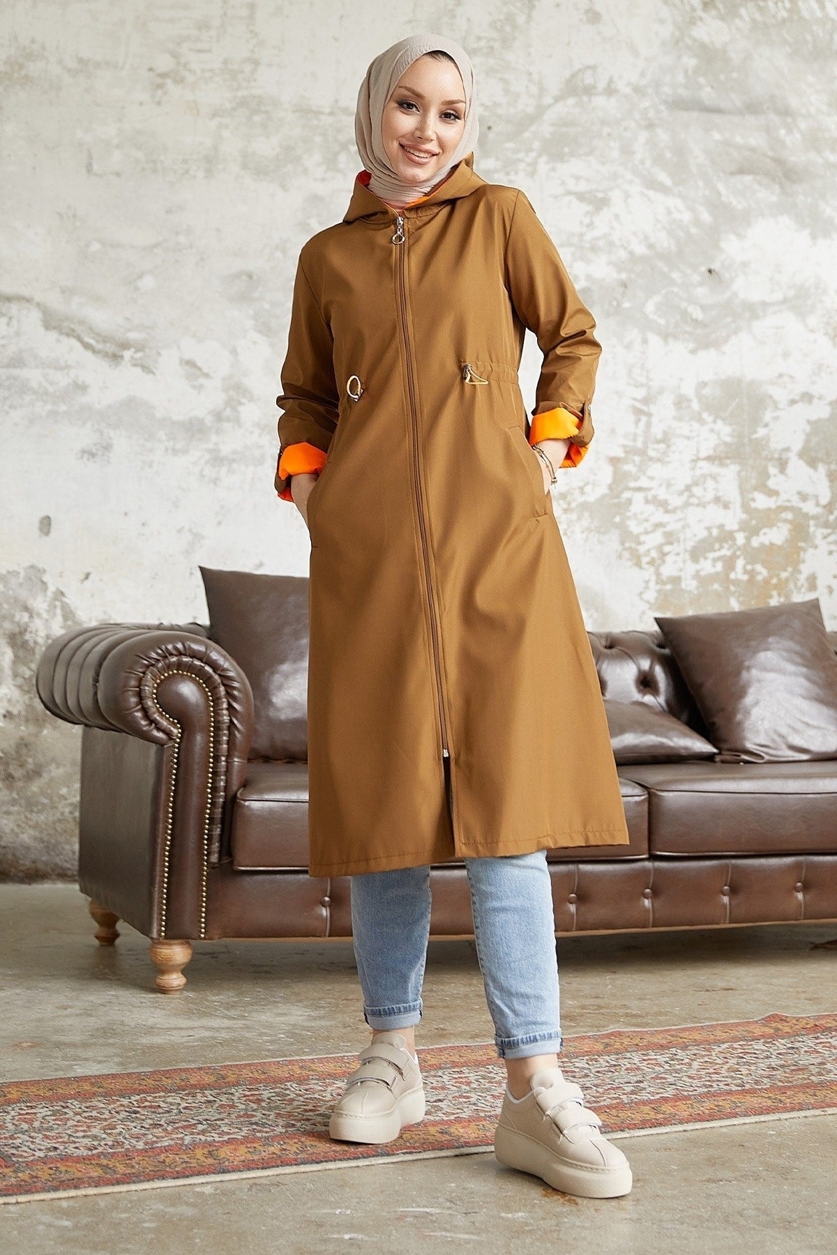 Neon Trench Hooded Sweatshirt At Waist - Taba\ Orange Ms00or12093