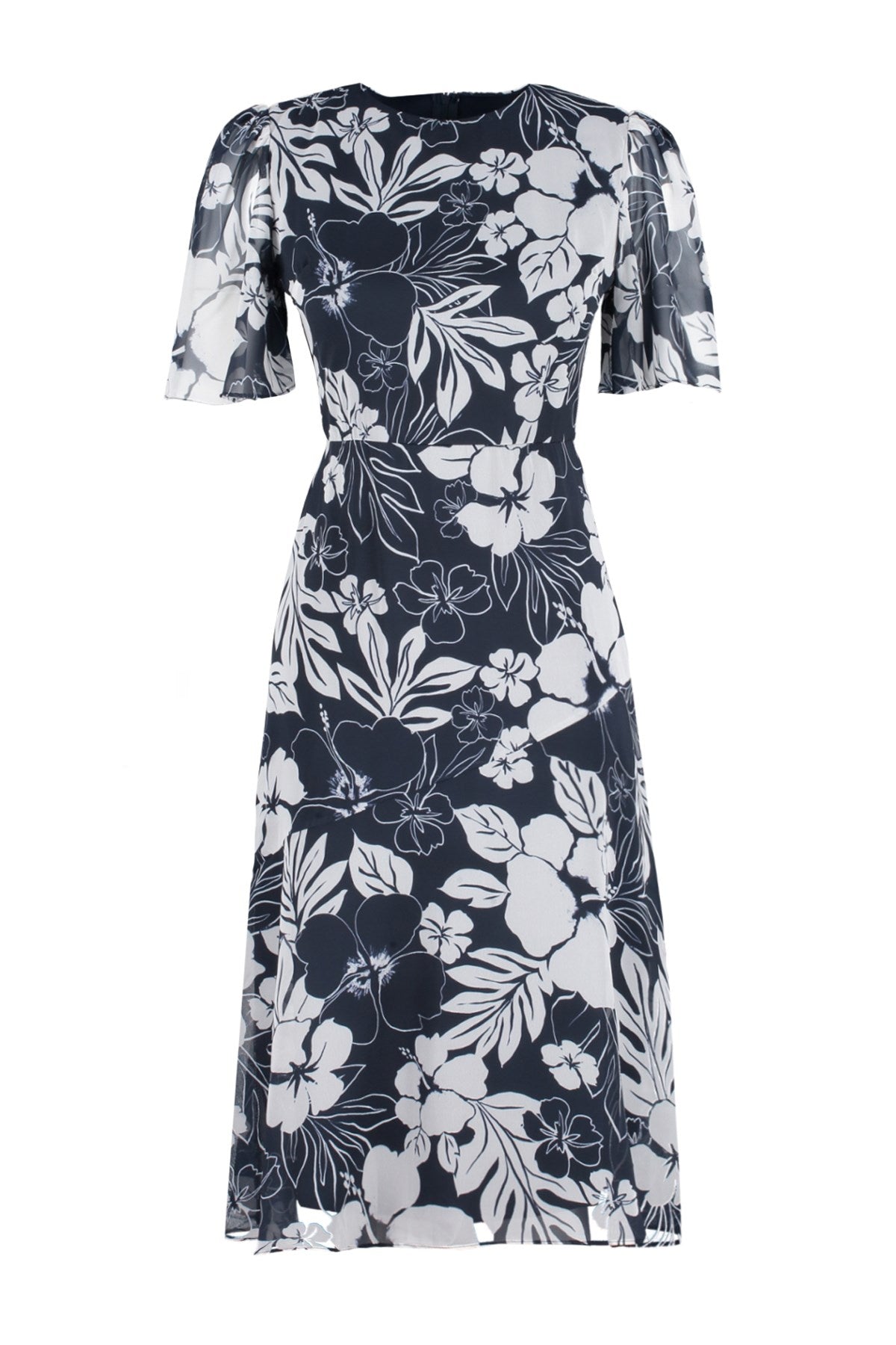 Navy Blue Floral Print A Cut Lined Midi Woven Dress Twoss20el0908