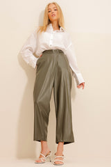 Women's Khaki Double Pocket Belt Detailed Leather Pants Alc-x11079