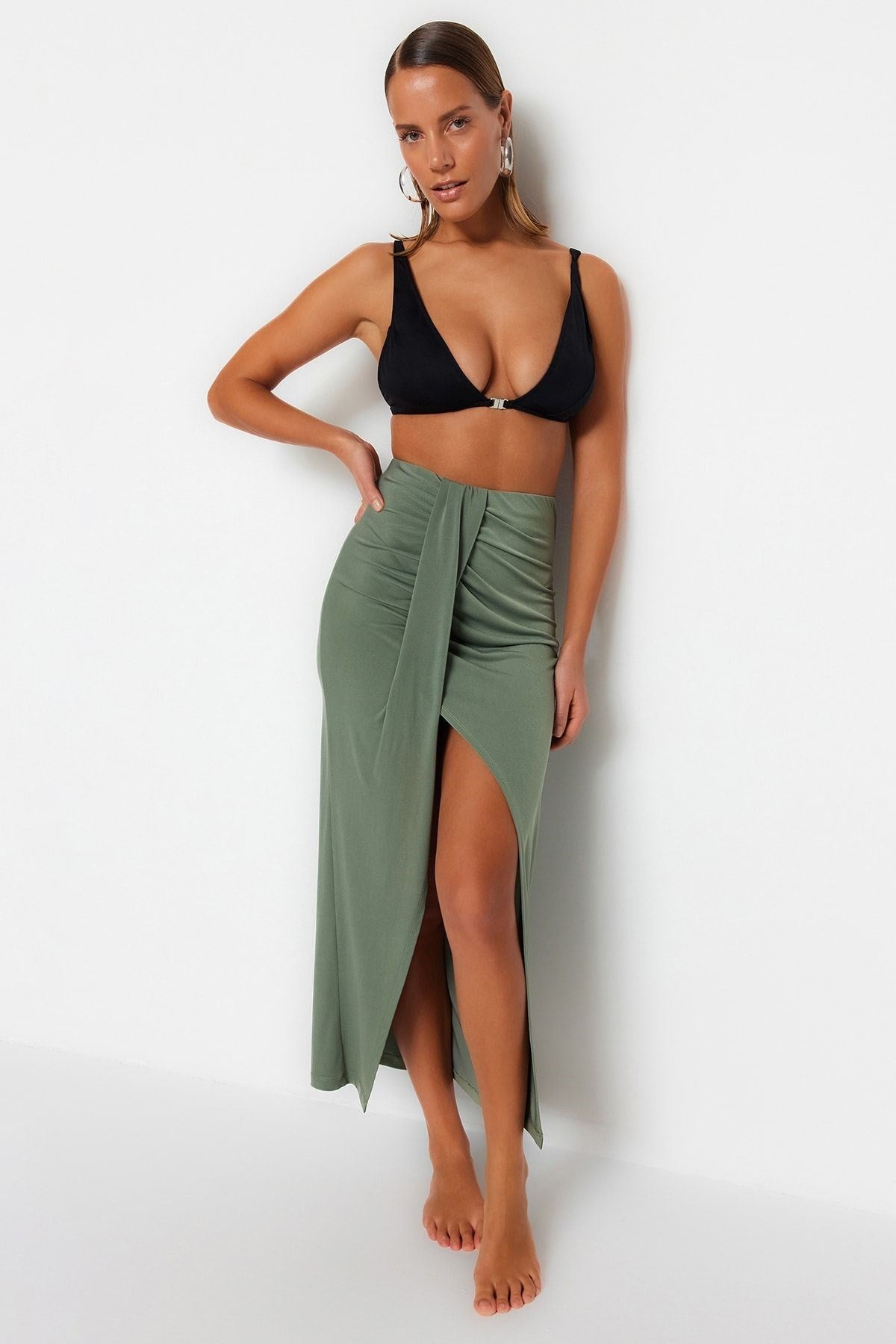 Khaki Body-fitting Maxi Woven Slit Skirt Tbess23et00021