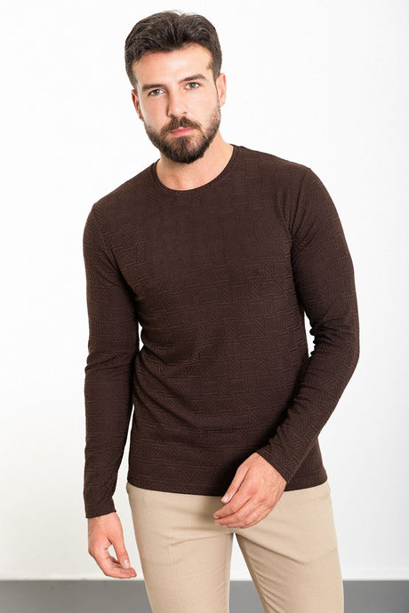 Patterned Brown Slim Fit Crew Neck Long Sleeve Men's T-shirt 36803.23k