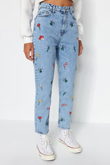 Blue Embroidered High Waist Mom Jeans Twoss21je0591