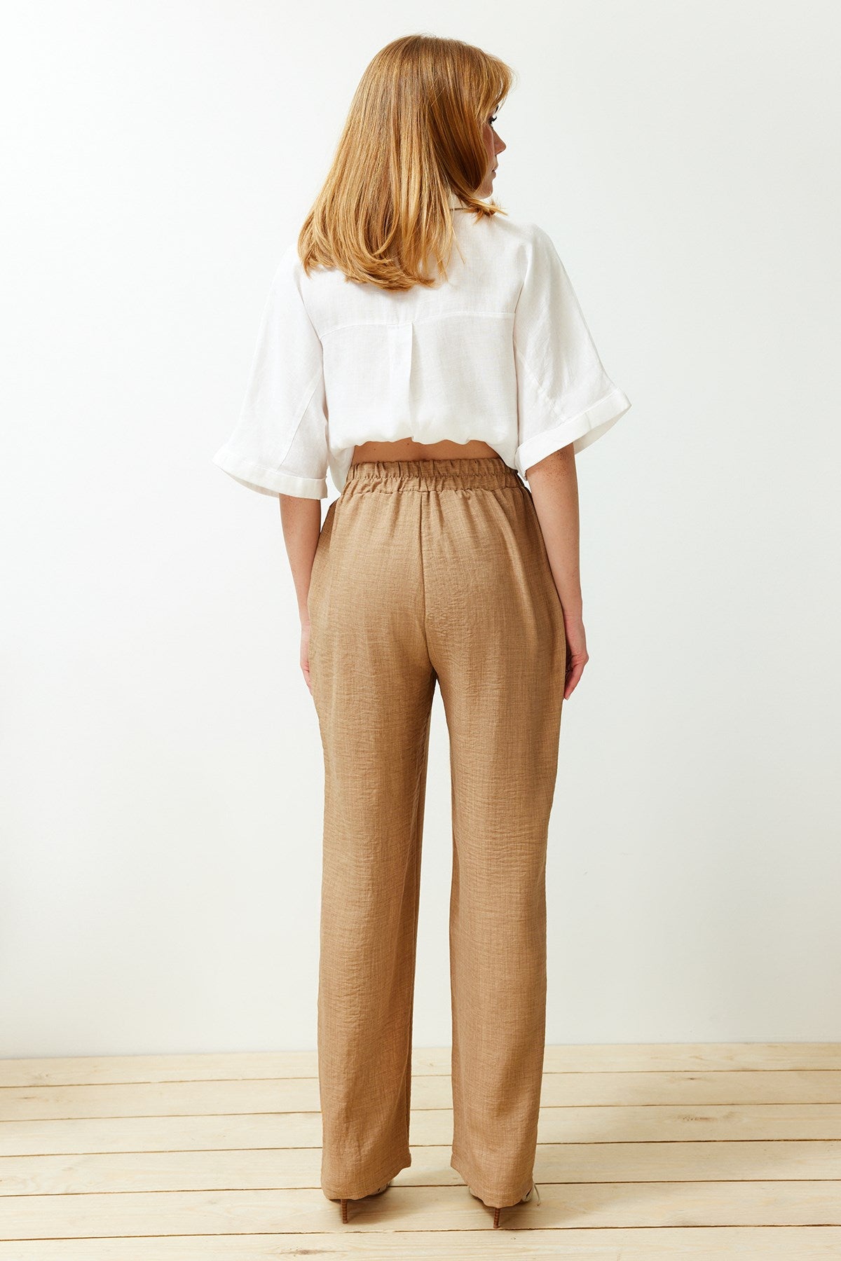 Camel Straight/straight Cut Waist Elasticated Lace-up Linen Look Pants Twoss24pl00056