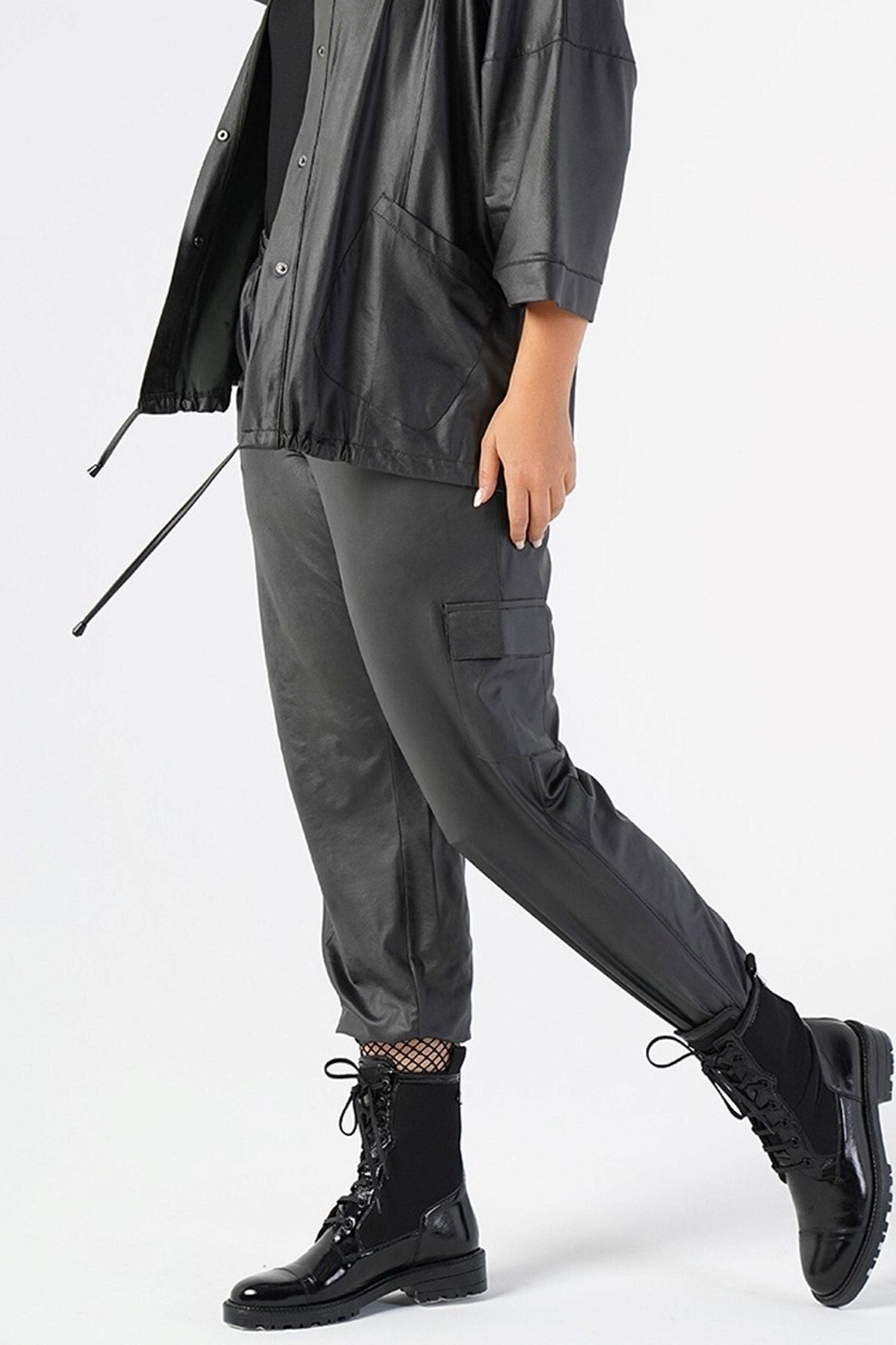 Plus Size Leather Pants With Rubber Detail Pockets 220450063