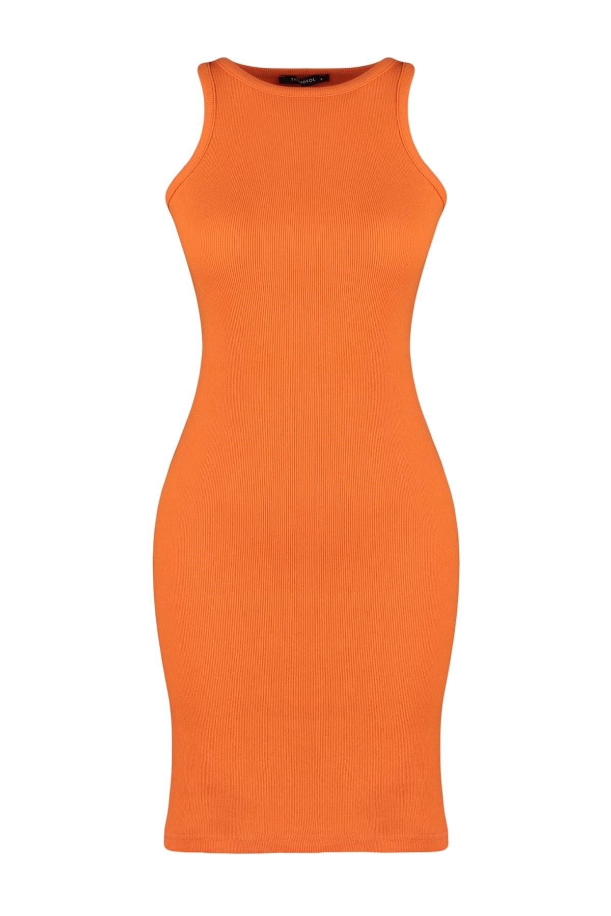 Orange Ribbed Bodycone/body Fit Halter Collar Flexible Mini Knitted Pencil Dress Twoss23el00303