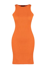 Orange Ribbed Bodycone/body Fit Halter Collar Flexible Mini Knitted Pencil Dress Twoss23el00303