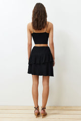 Black Textured Skirt Ruffle Mini Stretch Skirt Twoss24et00145