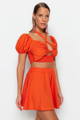 Orange Woven Cut Out/window Blouse Skirt Set Tbess23au00180