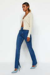 Dark Blue Slit Super High Waist Slim Flare Jeans Twoss22je0643